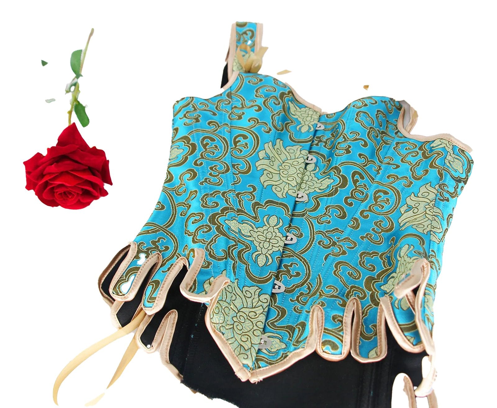 Bright blue renaissance corset top for women with intricate floral patterns and stylish lace-up design