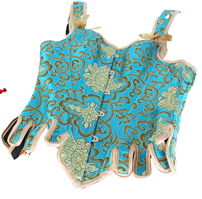 LuckeLadybug LLC Renaissance corset top for women in blue and gold with intricate design and lace details