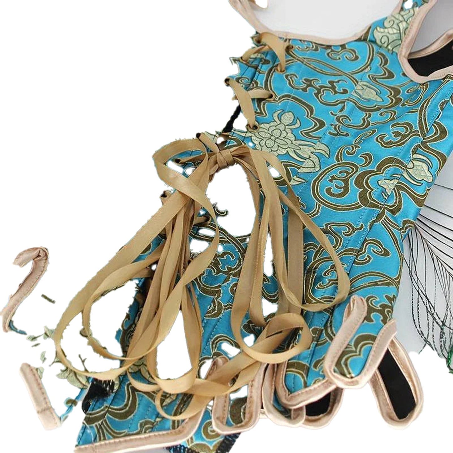 LuckeLadybug LLC Renaissance corset top for women in turquoise floral pattern with laces