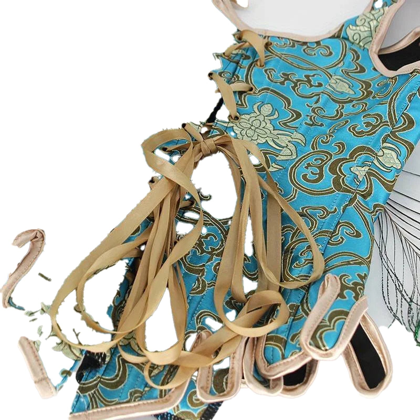 LuckeLadybug LLC Renaissance corset top for women in turquoise floral pattern with laces