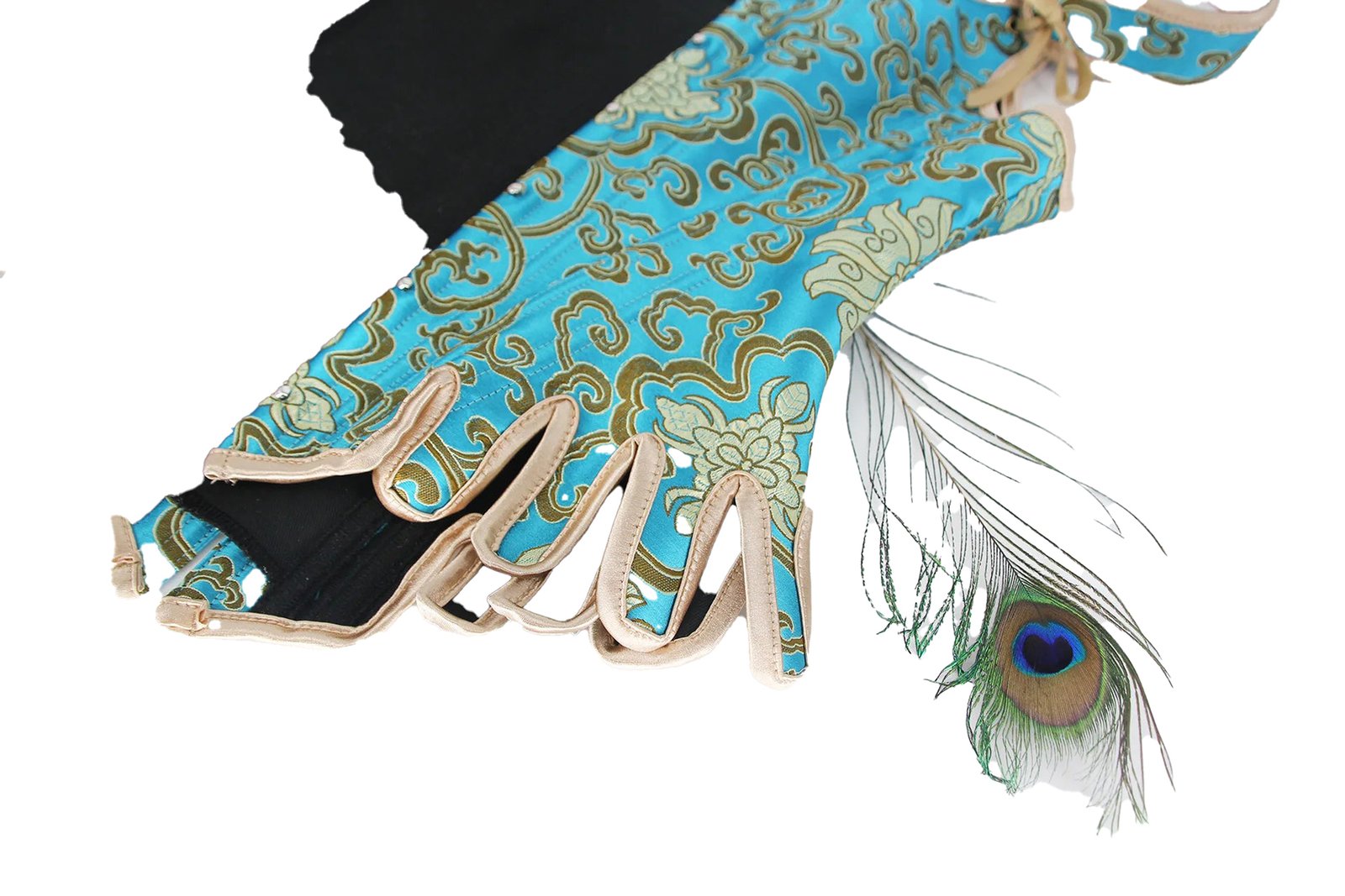 Renaissance corset top for women featuring vibrant blue and gold patterns with attached gloves