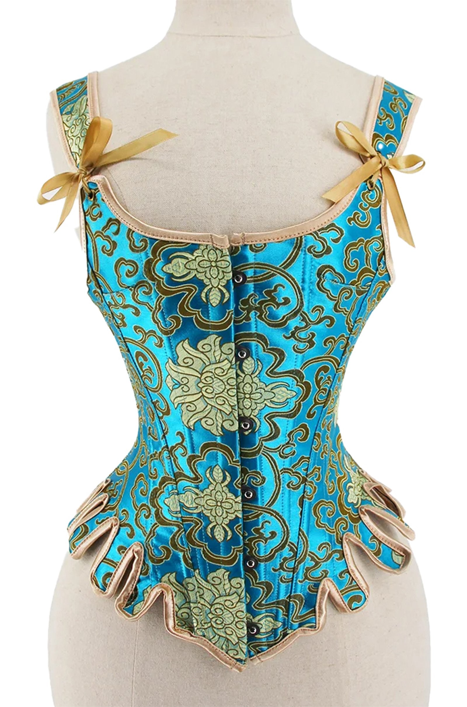Elegant renaissance corset top for women in blue and gold with ribbon tie details