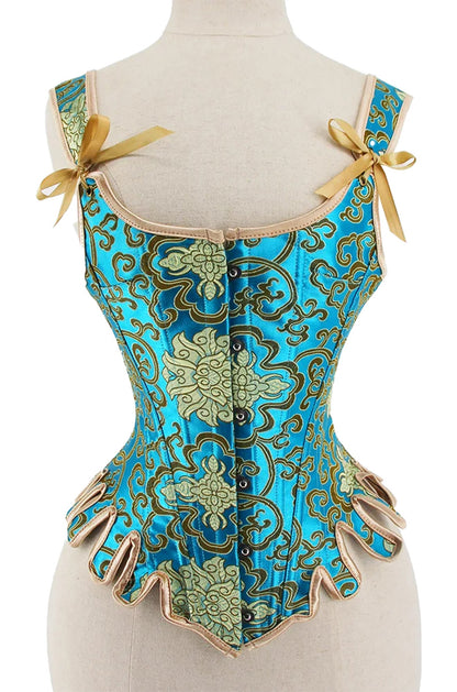 Elegant renaissance corset top for women in blue and gold with ribbon tie details