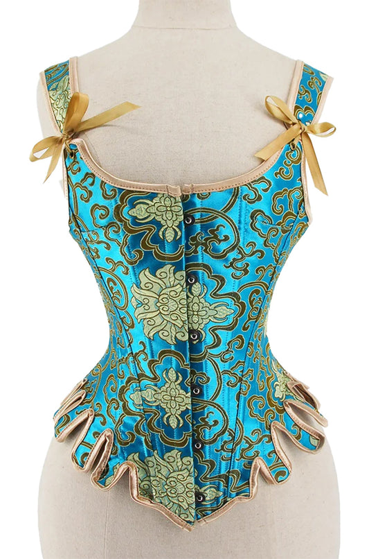Elegant renaissance corset top for women in blue and gold with ribbon tie details