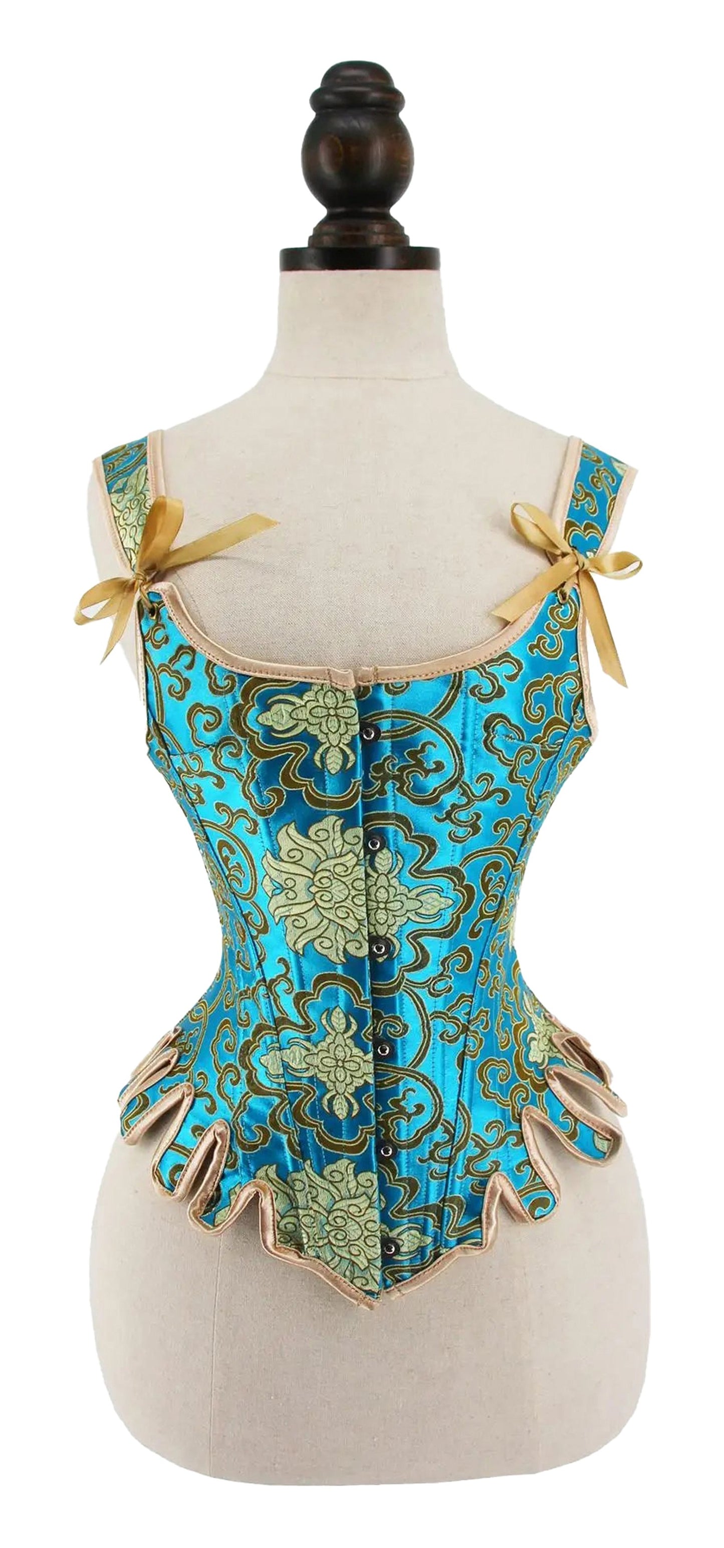 Beautiful blue renaissance corset top for women with elegant patterns and bow details