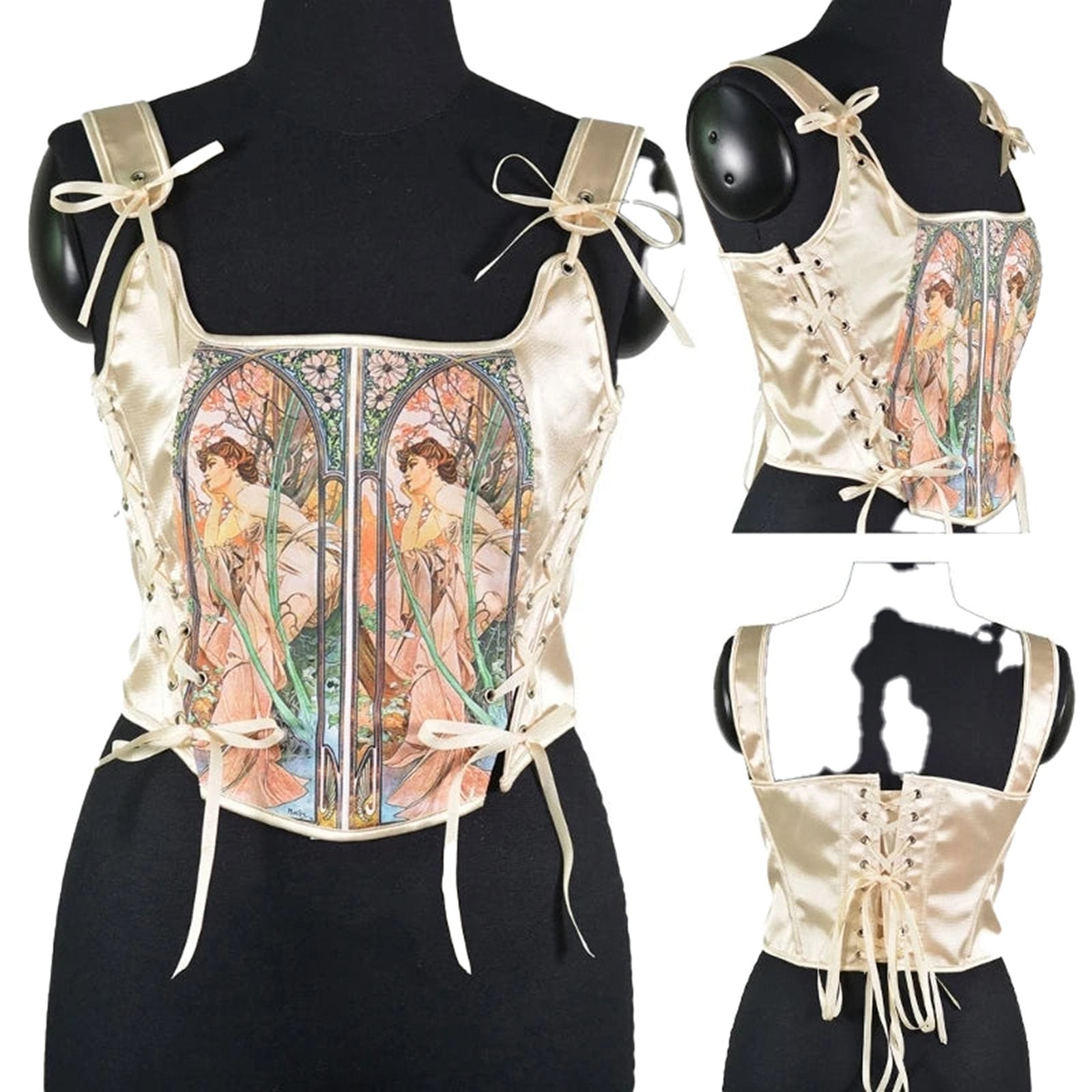 Elegant LuckeLadybug LLC renaissance corset top for women with beautiful vintage artwork and lace-up back design