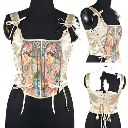Elegant LuckeLadybug LLC renaissance corset top for women with beautiful vintage artwork and lace-up back design