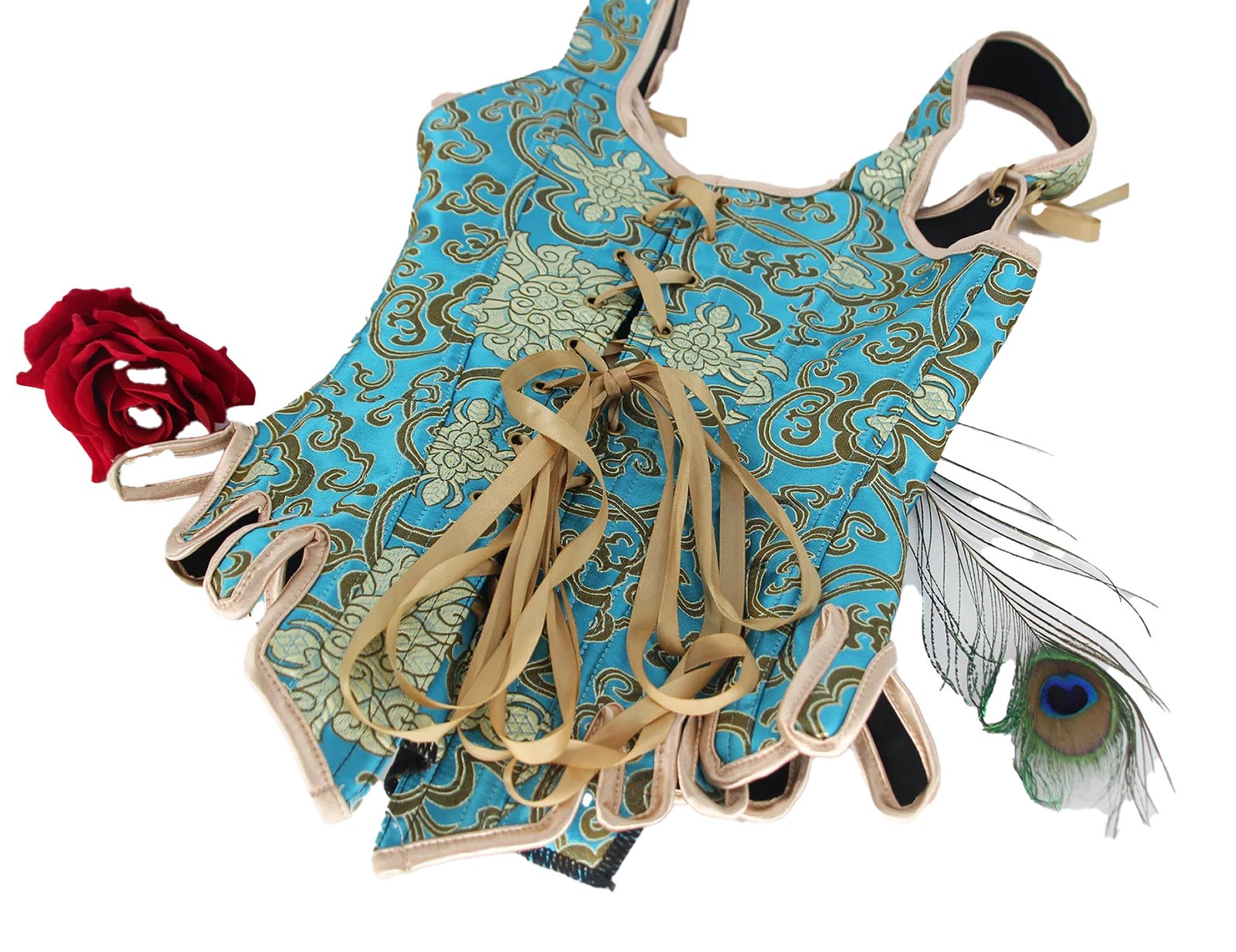 LuckeLadybug LLC Renaissance corset top for women featuring floral design and lace-up details