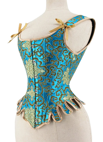 Elegant blue renaissance corset top for women with intricate pattern and bow details
