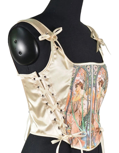 Elegant renaissance corset top for women with vintage artwork and lace-up details