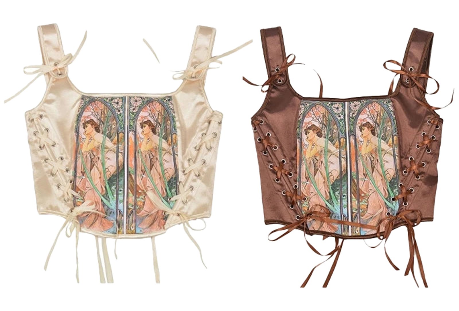 LuckeLadybug LLC Renaissance corset top for women in cream and brown with elegant lace-up details