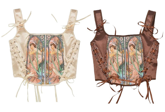 LuckeLadybug LLC Renaissance corset top for women in cream and brown with elegant lace-up details