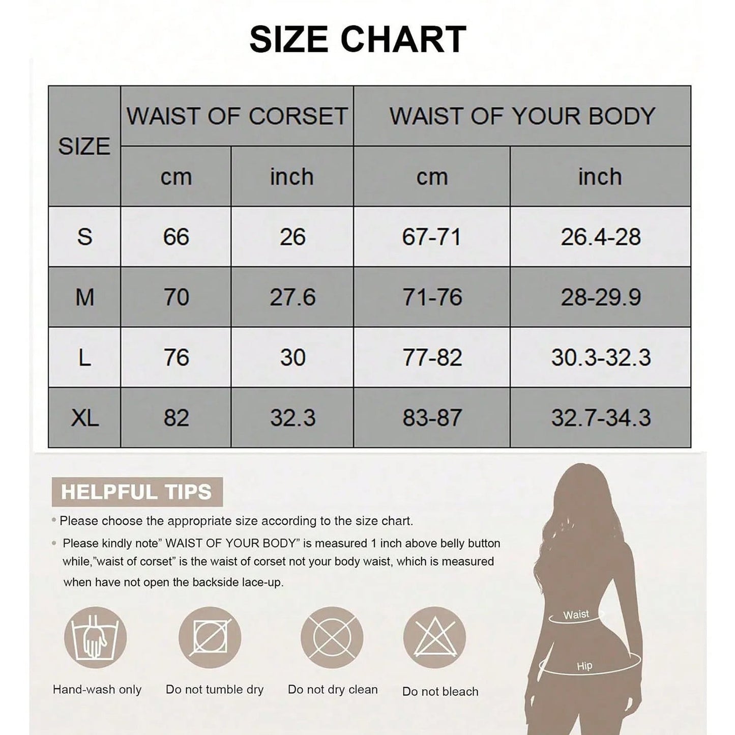 Size chart for renaissance corset top for women with measurements for S, M, L, and XL sizes