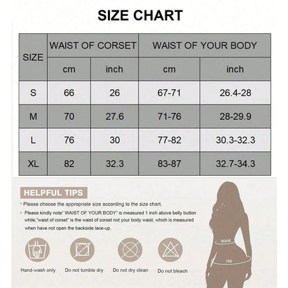 Size chart for renaissance corset top for women with measurements for S, M, L, and XL sizes