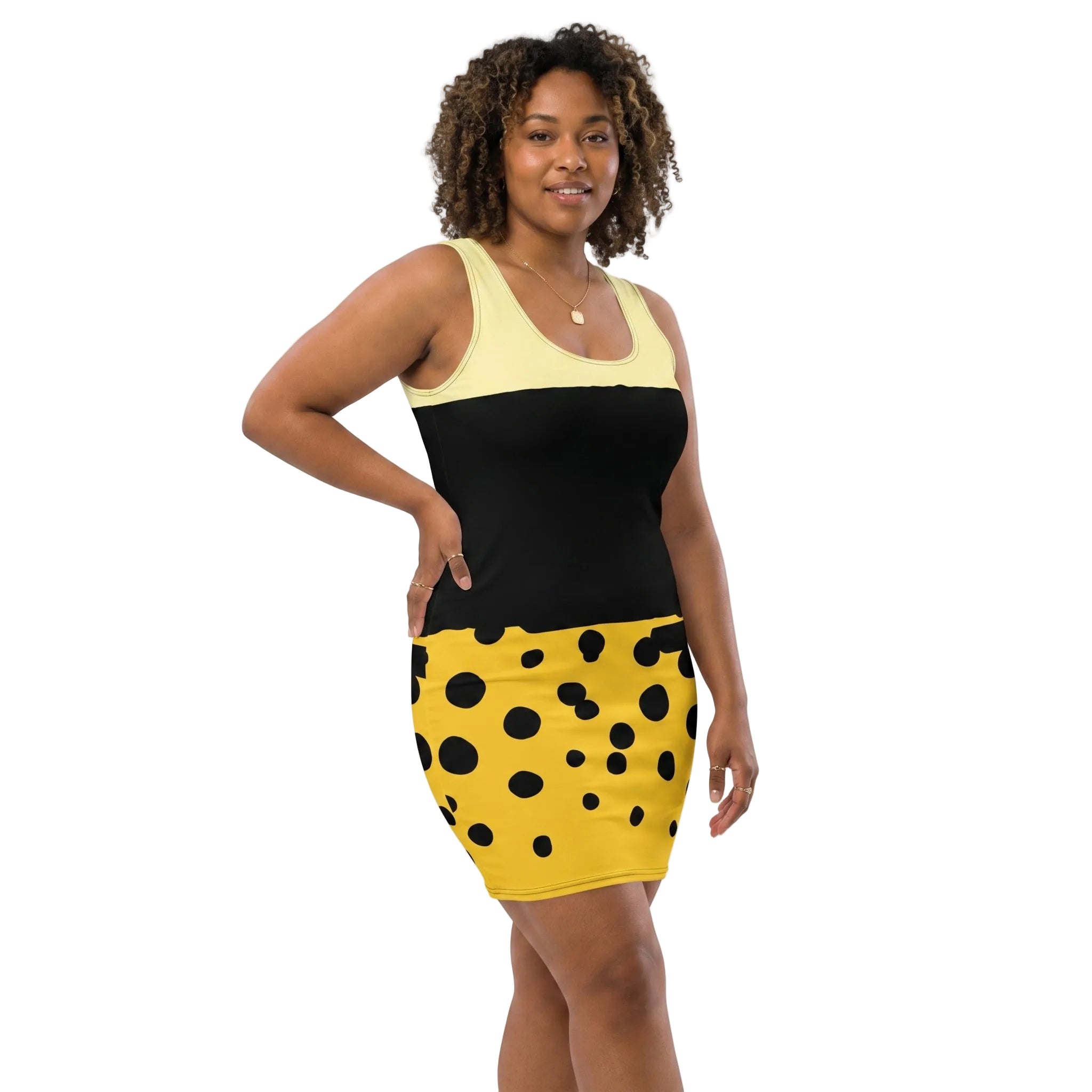 Black Yellow Bodycon Dress With Polka Dot Design