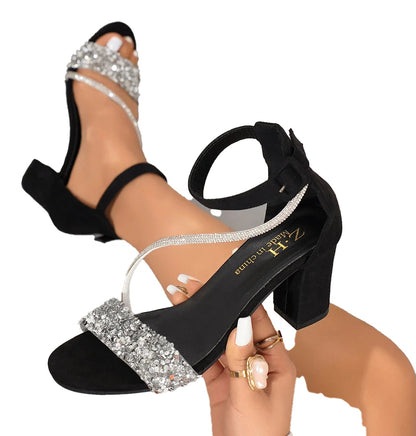 LuckeLadybug retro block heel sandals for women with sparkly embellishments and adjustable strap