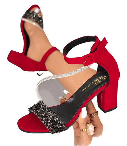 Stylish red retro block heel sandals for women with glittery strap and ankle buckle for added support