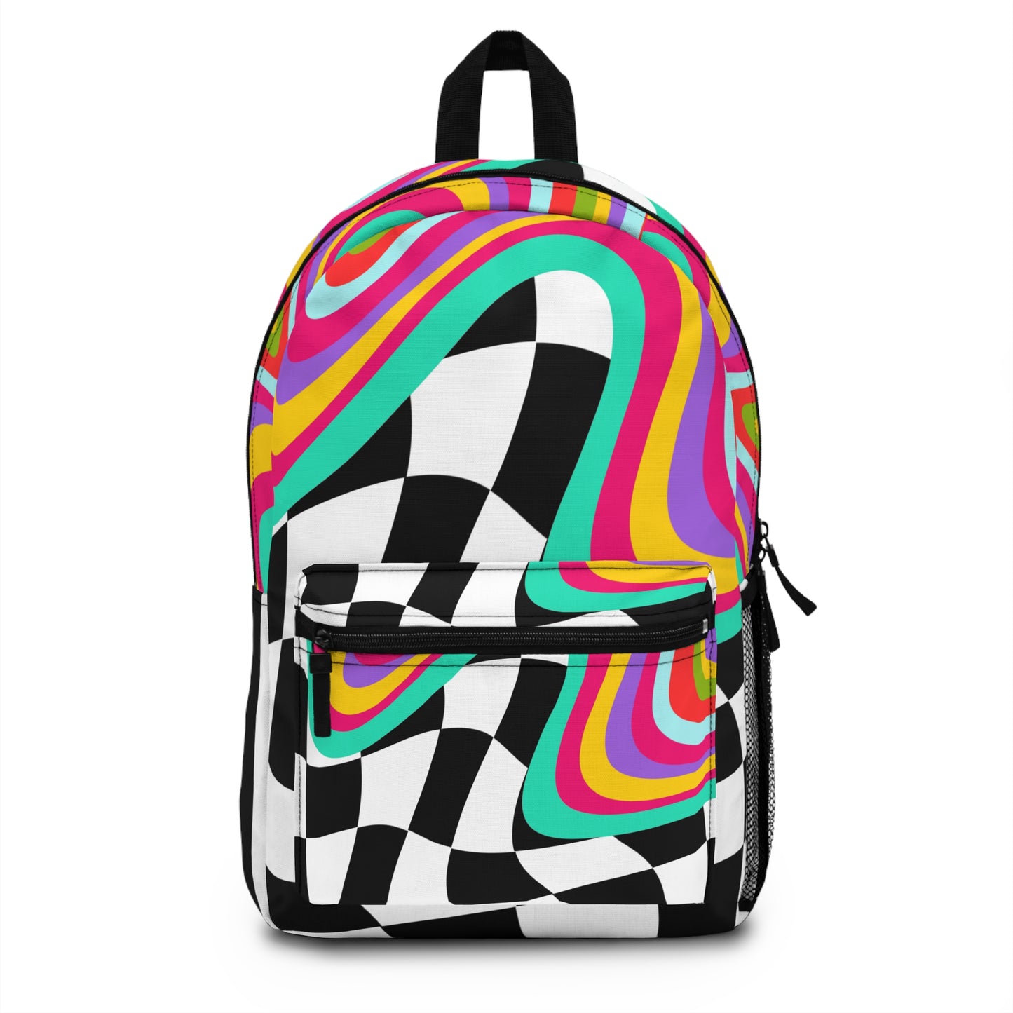 Colorful retro checkerboard backpack with vibrant swirl patterns and a front zipper pocket