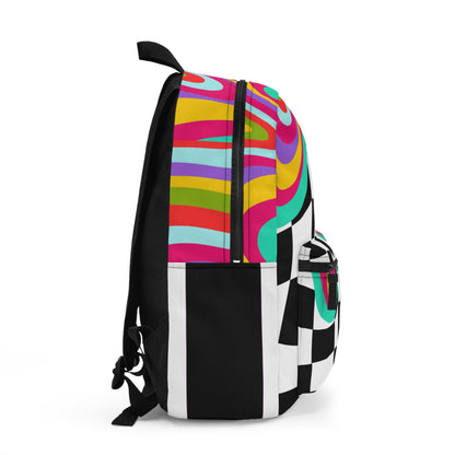 LuckeLadybug retro checkerboard backpack with colorful swirl design and side pocket
