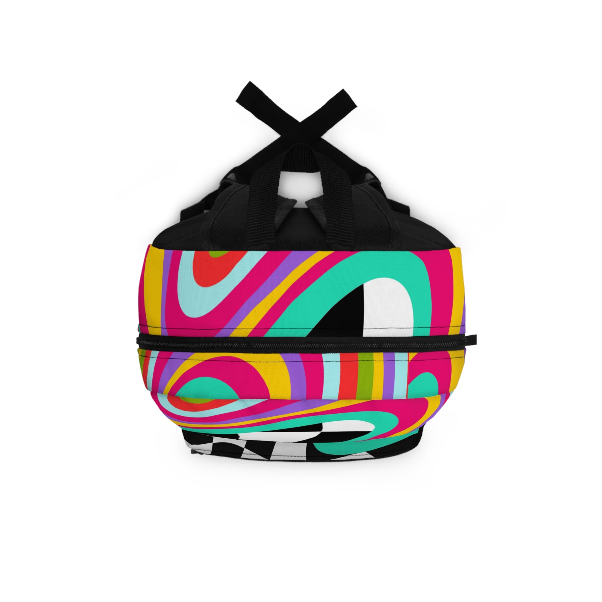 LuckeLadybug retro checkerboard backpack in vibrant colors with unique swirl patterns