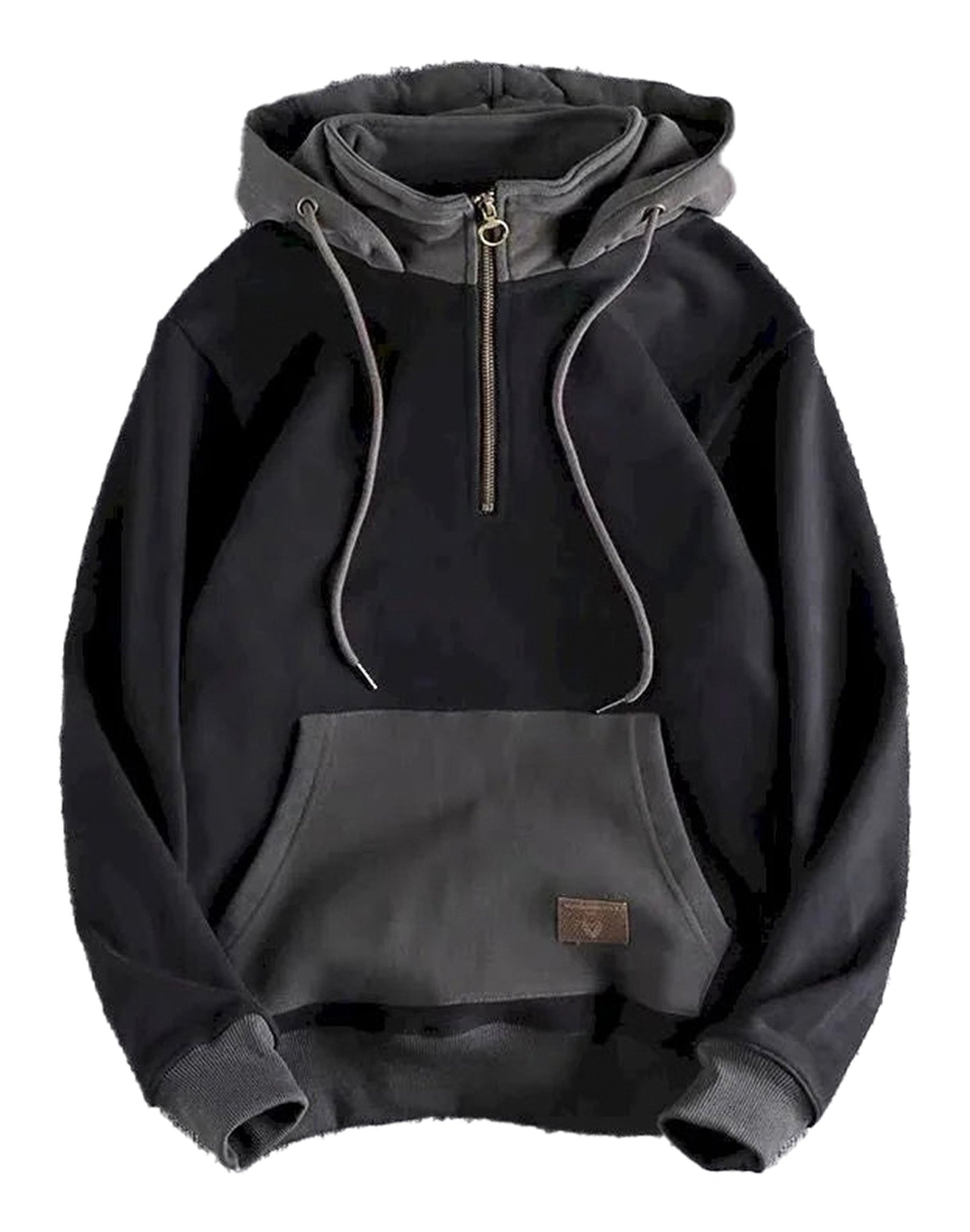 Retro color block hoodie men in black with adjustable hood and front pocket for casual style