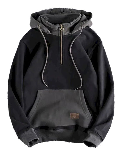 Retro color block hoodie men in black with adjustable hood and front pocket for casual style