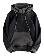 LuckeLadybug LLC retro color block hoodie men with zip collar and front pocket in black