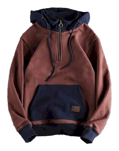 Retro color block hoodie men in maroon and navy with zip and kangaroo pocket