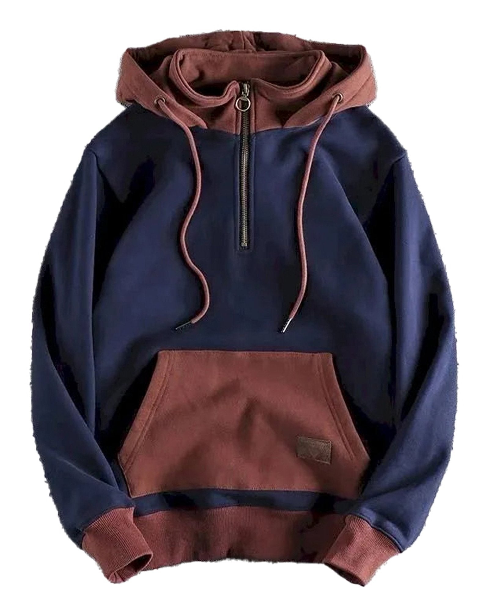 Men's retro color block hoodie in navy and maroon with a front pocket and zip collar for a stylish look