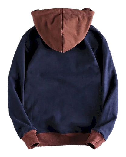Back view of a retro color block hoodie men featuring navy and brown colors for a stylish look