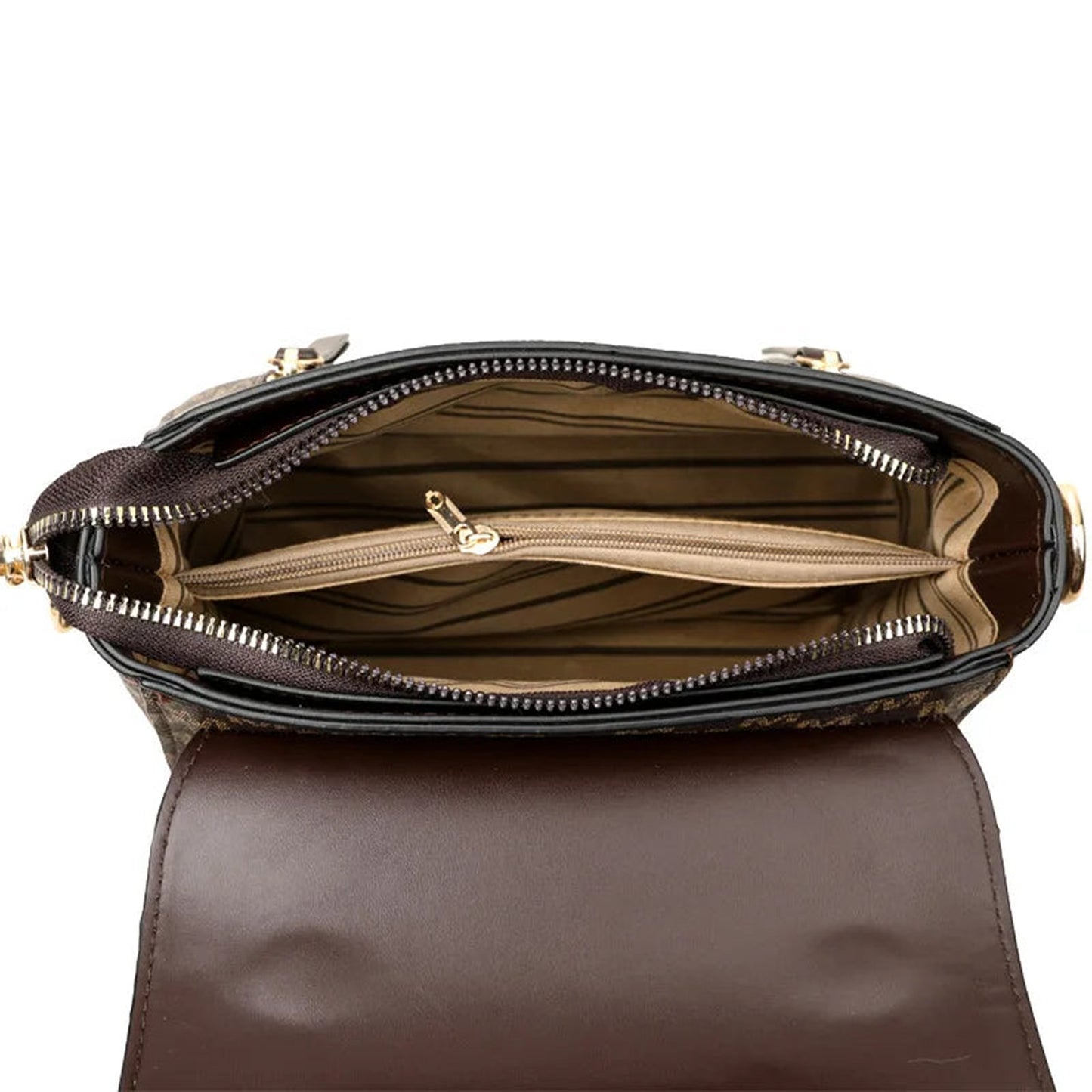 Interior view of a LuckeLadybug LLC retro handbag for women with spacious compartments and zipper pocket