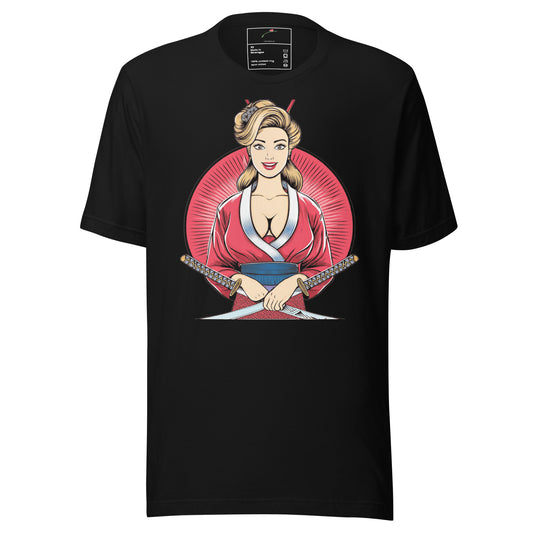 Black LuckeLadybug t-shirt featuring a retro samurai girl shirt graphic with crossed swords and red background
