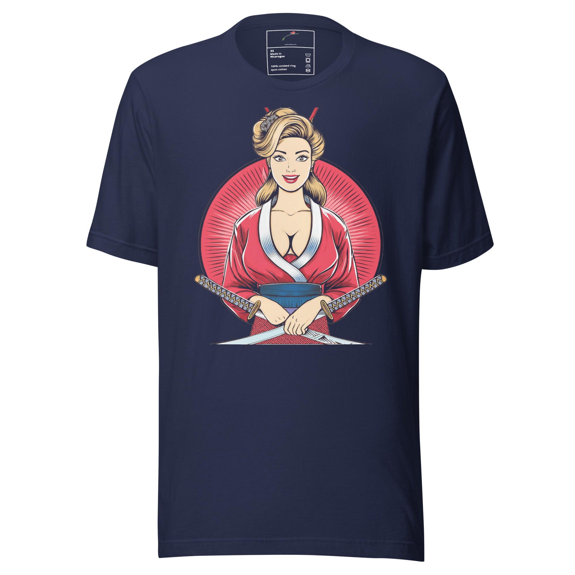 LuckeLadybug navy retro samurai girl shirt with graphic of woman holding two swords in red and blue outfit