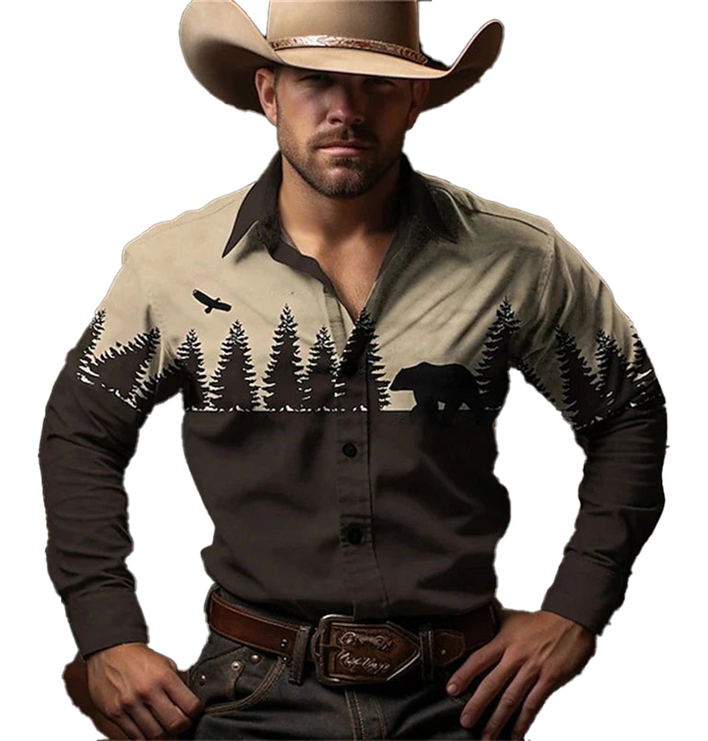 LuckeLadybug retro western cowboy shirt men featuring a bear and forest design on the chest