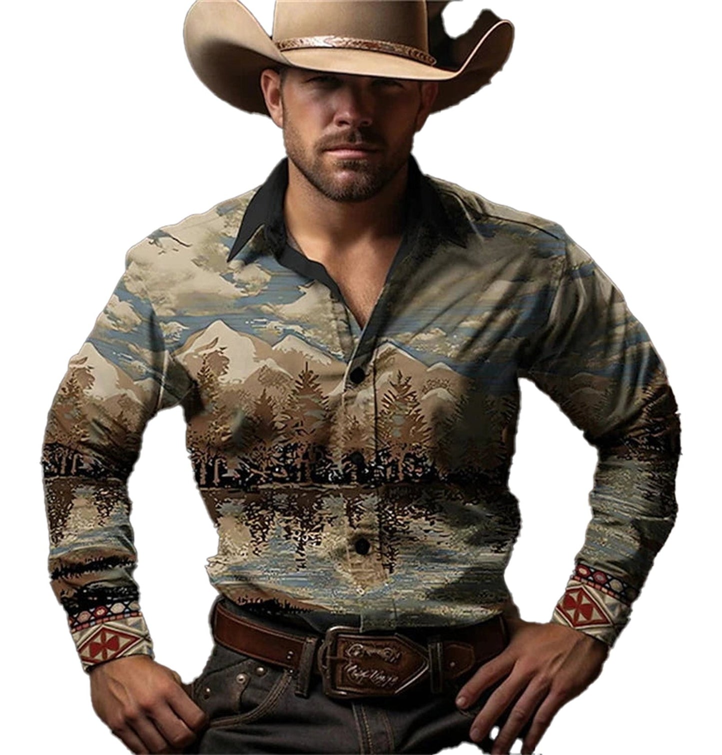 Stylish retro western cowboy shirt men with mountain and forest print, perfect for country life