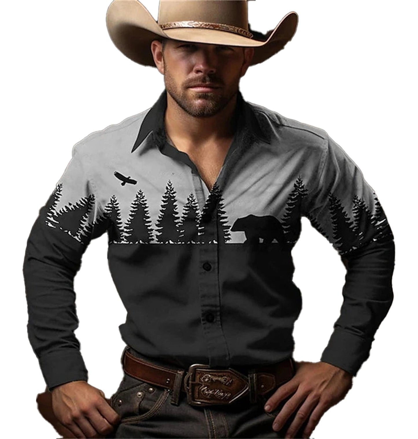 LuckeLadybug Men's Retro Western Cowboy Shirt featuring forest and bear design in black and gray