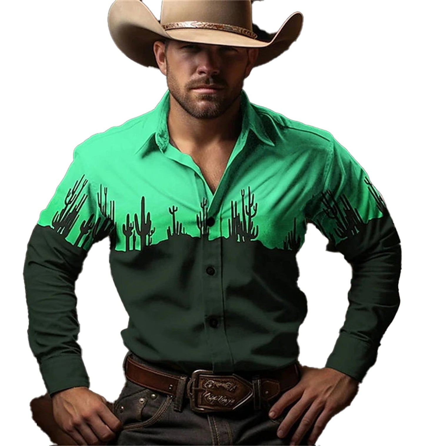 Retro western cowboy shirt men in green with cactus design for a stylish western look