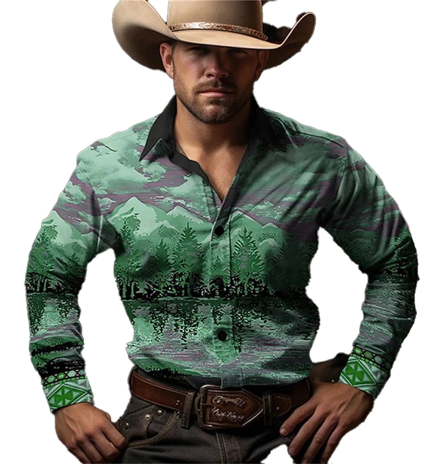 Stylish retro western cowboy shirt men in vibrant mountain and forest design for a classic look