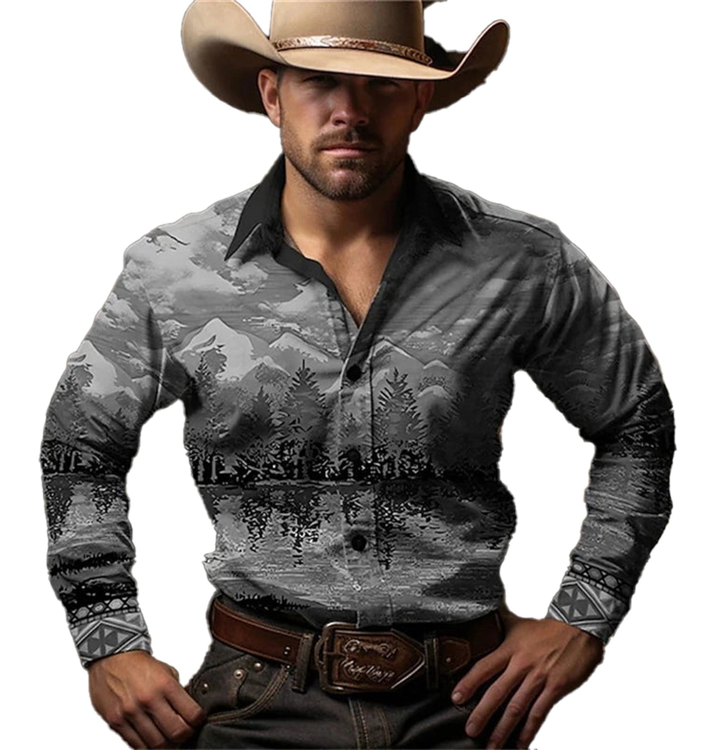 Retro Western Cowboy Shirt Men with Mountain and Forest Print for Stylish Western Wear