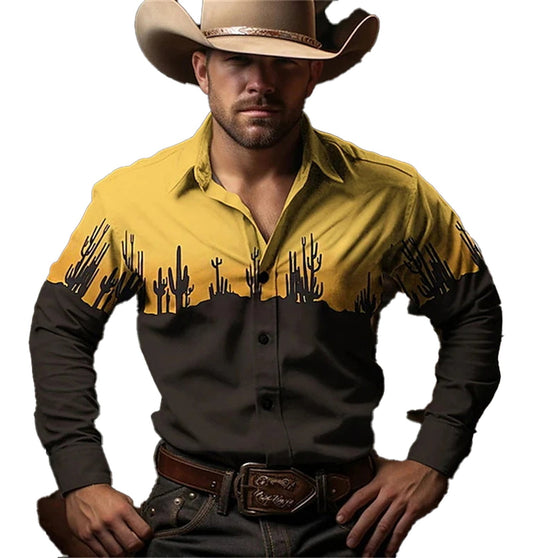 LuckeLadybug retro western cowboy shirt men featuring a stylish cactus design in yellow and black