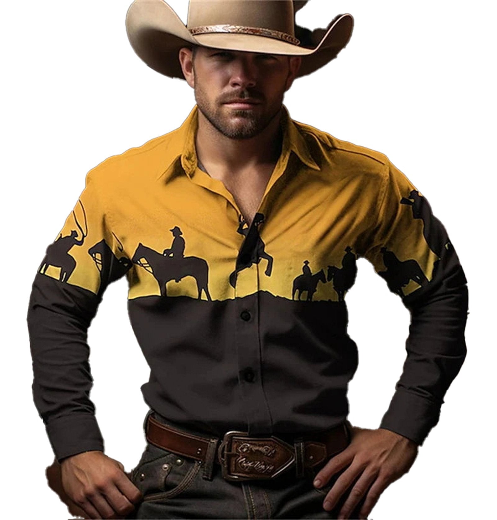 Retro Western Cowboy Shirt Men with Cowboy Silhouette Design in Yellow and Black