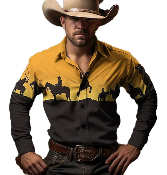 Retro Western Cowboy Shirt Men with Cowboy Silhouette Design in Yellow and Black