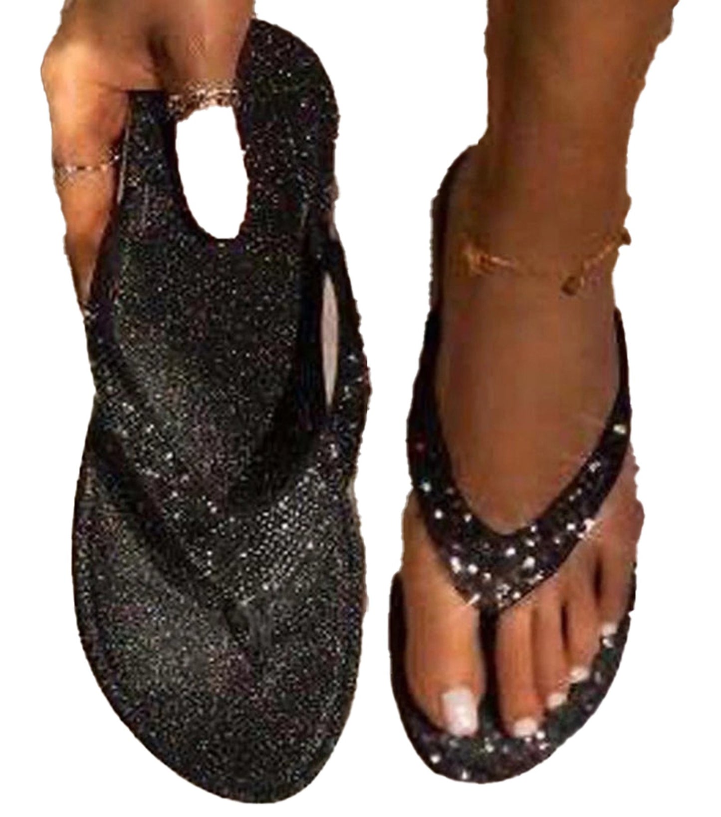 LuckeLadybug LLC rhinestone flip flop sandals for women in black with glittering details and comfortable design