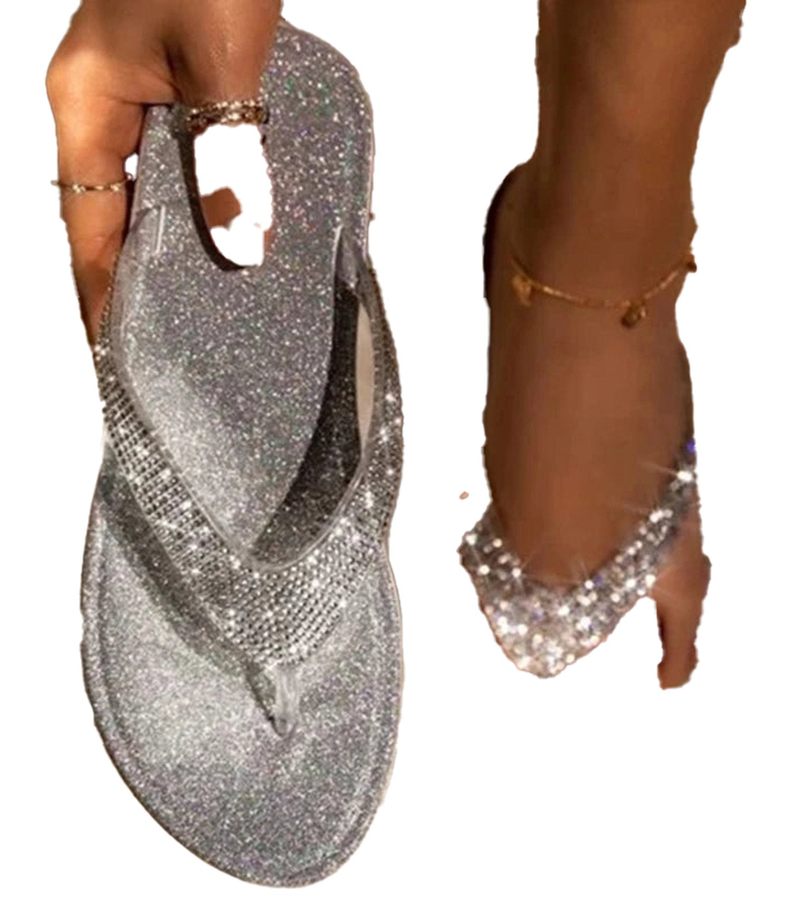 Sparkly rhinestone flip flop sandals for women with a shiny silver finish and comfortable design