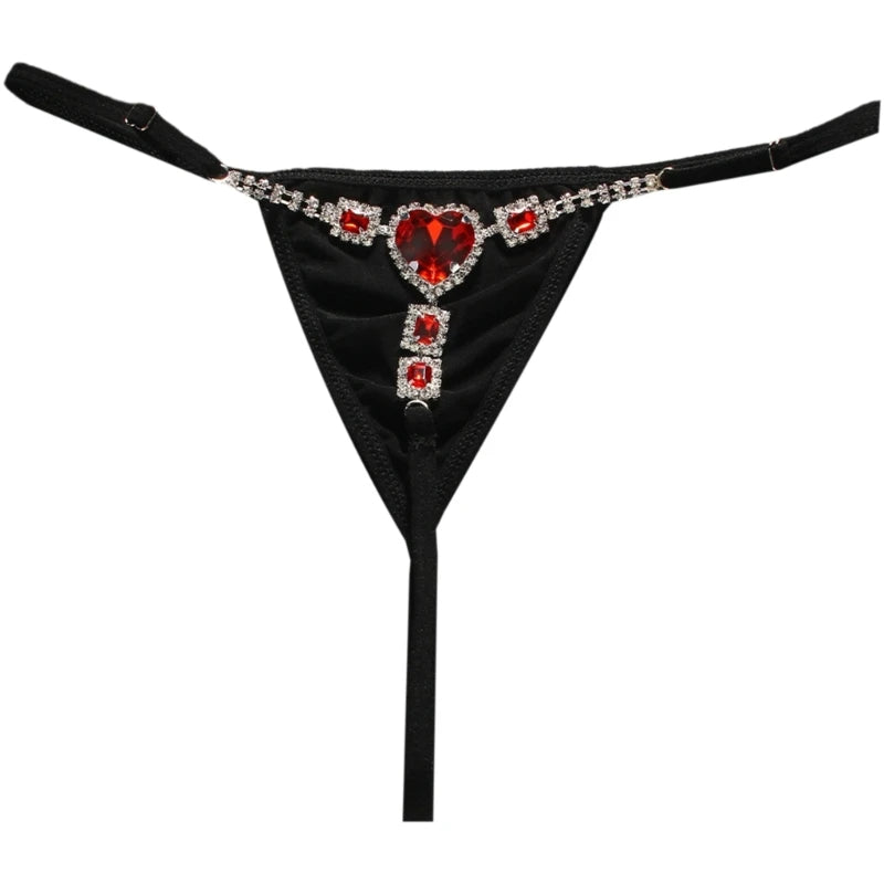LuckeLadybug rhinestone low rise thongs for women in black with heart-shaped gem detail