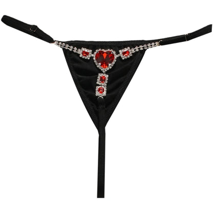 LuckeLadybug rhinestone low rise thongs for women in black with heart-shaped gem detail