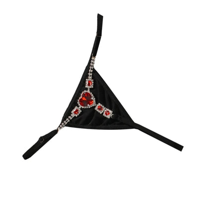 Black rhinestone low rise thongs for women adorned with red gemstones for a stylish look