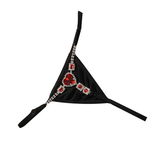 Black rhinestone low rise thongs for women adorned with red gemstones for a stylish look