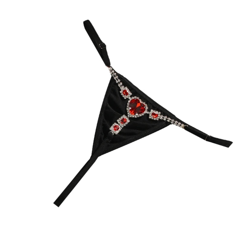 Black rhinestone low rise thongs for women with decorative jewel embellishments