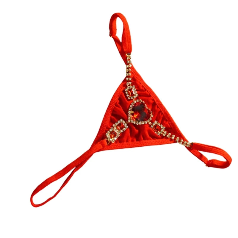 Red rhinestone low rise thongs for women featuring decorative embellishments and a stylish design